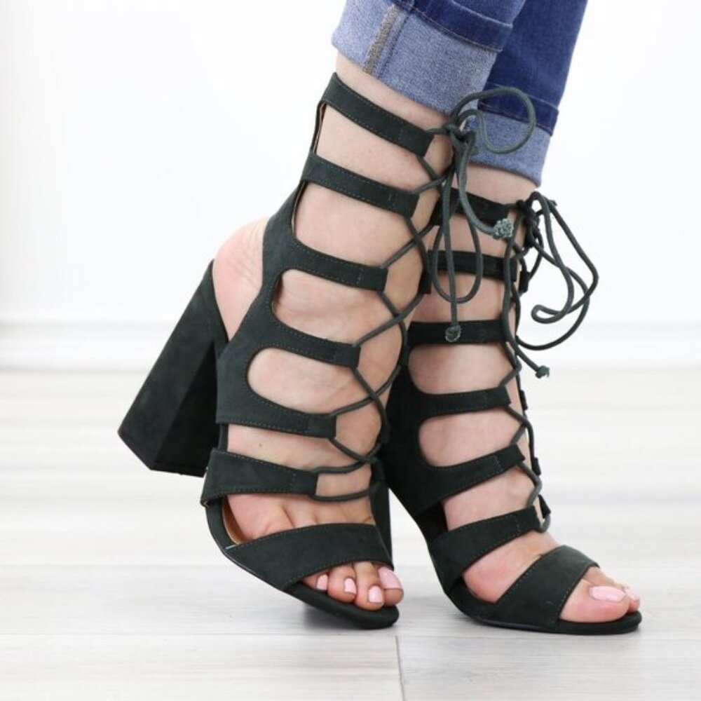 Olive Open Toe Chunky Block Heel Open Toe Sandal Gladiator Laced-Up Style Shoes